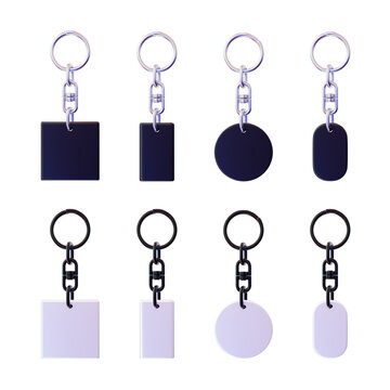 PSD 3D Render Blank Black and White Keychains Mockup Circle Square Round