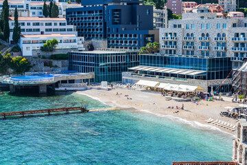 View from the Citadel to the old town and red roofs and the Adriatic Sea, Budva, Montenegro