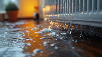 burst radiator spraying water across room with puddles forming, symbolizing urgent plumbing repair needs