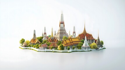 Colorful model of a traditional Thai temple complex with intricate architecture and lush greenery