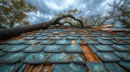 Wrecked roof with uprooted tree on top, broken gutters and debris, cloudy stormy backdrop highlighting natural disaster effects 