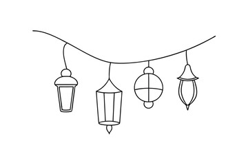 Festive line drawing of hanging lanterns and lights