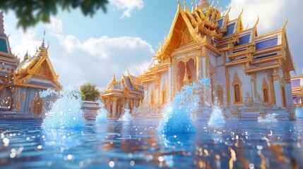 Majestic temple emerging from turbulent waves beneath a dramatic sky at sunset