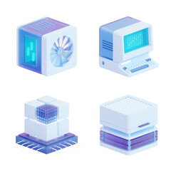 3D render Isometric Computer Hardware Icons Illustrations