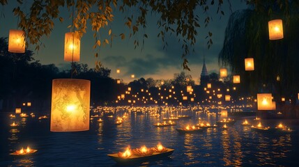 Festival of lights at a serene river during twilight with floating lanterns and candles illuminating the water