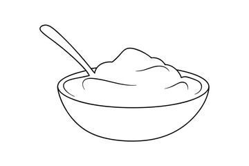 Creamy dessert in bowl line drawing spoon illustration