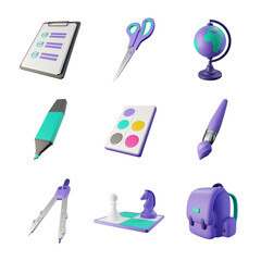 3D Rendered Purple Stationery Set School Office Supplies Icons