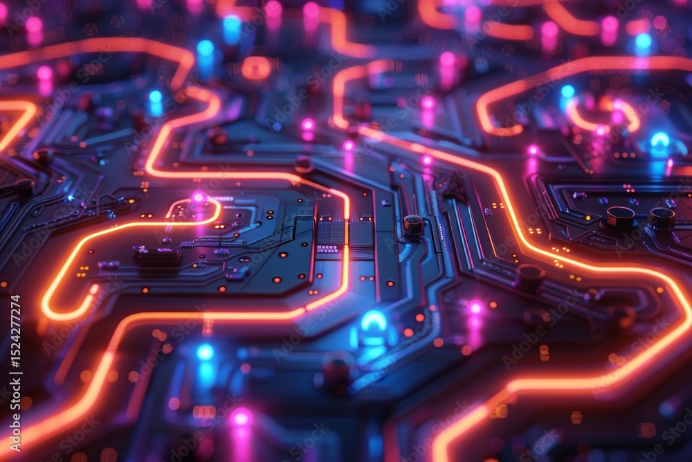Poster a vibrant neon circuit maze pulsing with energy, symbolic of complex data pathways