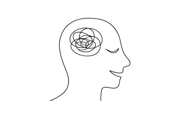 Simple line drawing of a head with tangled thoughts inside