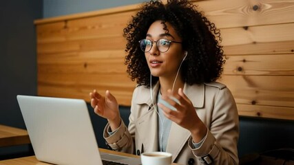 A young woman with curly hair and glasses is having a video call on her laptop, looking excited and gesturing with her hands - Powered by Adobe