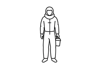 Line drawing hazmat suit worker holding container