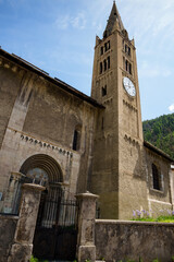 The church dedicated to Saint Martin in the center of the village of Saint-Martin-de-Queyrières (14th century). Provence-Alpes-Côte d'Azur region, France