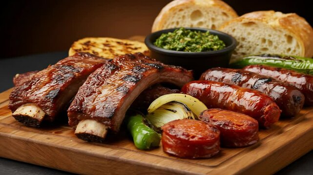 Close up of grilled meat with ribs, sausages, vegetables, chimichurri sauce and bread