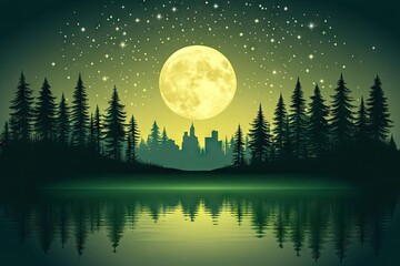Fototapeta premium Silhouette forest by lake, full moon, city