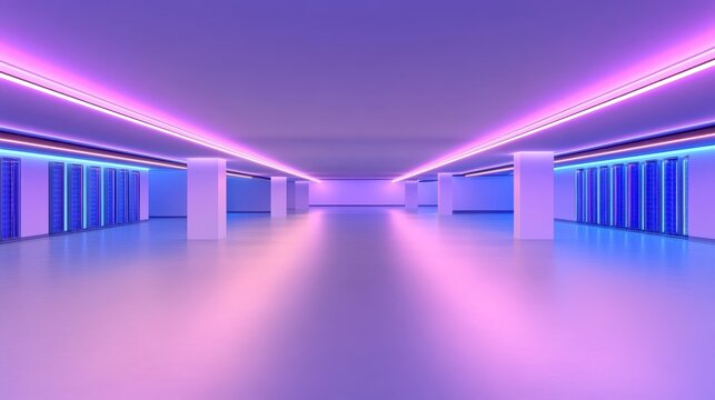 High-tech server room featuring rows of advanced servers with a futuristic ambiance and modern digital technology vibe