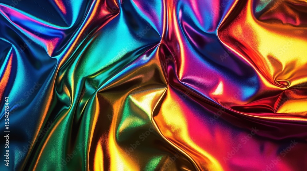 Poster stunning colorful metallic fabric displaying a rainbow spectrum against a holographic foil backgroun