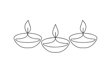 Three simple line drawing diwali oil lamps