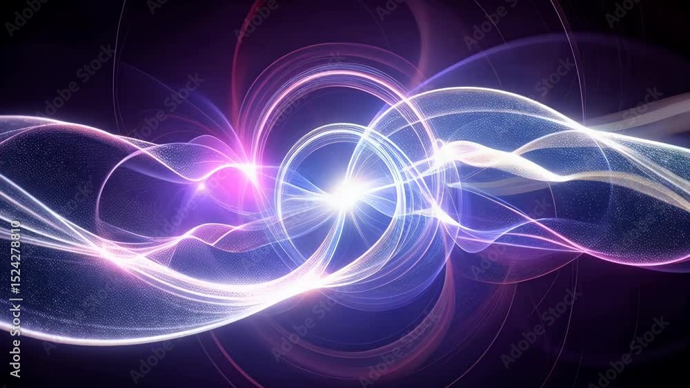 Poster abstract light patterns featuring intertwined luminous wave lines in shades of gold, violet and pink