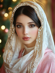 Glowing portrait of Virgin Mary with pearl-trimmed veil