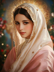 Glowing portrait of Virgin Mary with pearl-trimmed veil