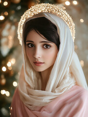 Beautiful Virgin Mary in pink robe and embroidered veil
