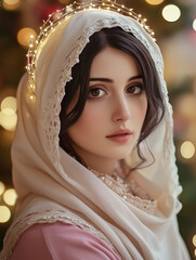 Blessed Virgin Mary with sparkling halo and delicate expression
