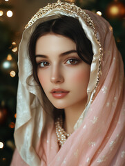Blessed Virgin Mary with sparkling halo and delicate expression
