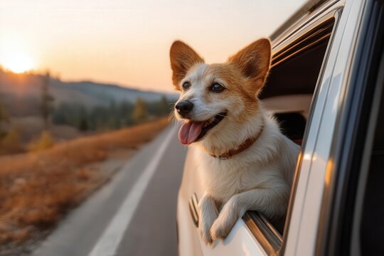 Pet-Friendly Travel Vacation Concept, happy dog looking out car window during sunset road trip, realistic lighting, shallow depth of field