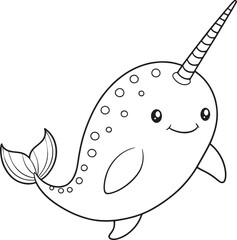 Adorable Narwhal Coloring Page Ocean Animal Illustration Vector Illustration