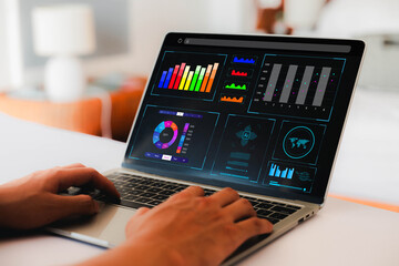 Analyst to analyze data. Shows a dashboard chart for business data analysis in of front screen and metrics connected to the database for digital technology, Analytics concept, Social network, operatio