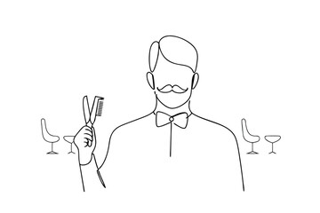 Line drawing barber holding scissors and comb in barbershop