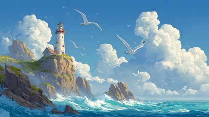 Cute Cartoon Lighthouse with Seagulls, Vector Flat Design, Blue Sea, White Clouds, Digital Art