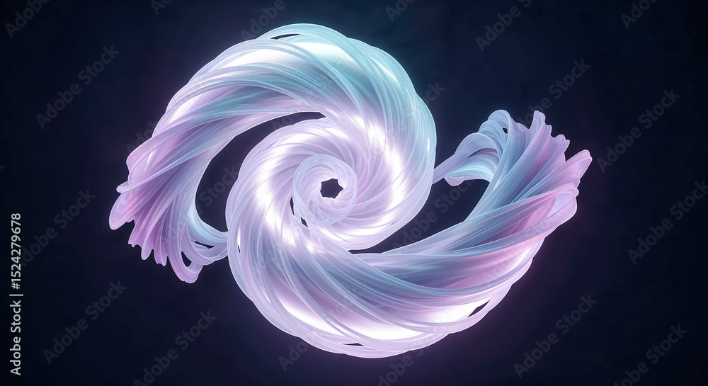 Poster Glowing neon abstract swirling light trails creating a dynamic spiral shape on dark background