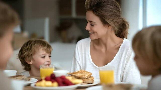 A blended family enjoying a weekend breakfast together