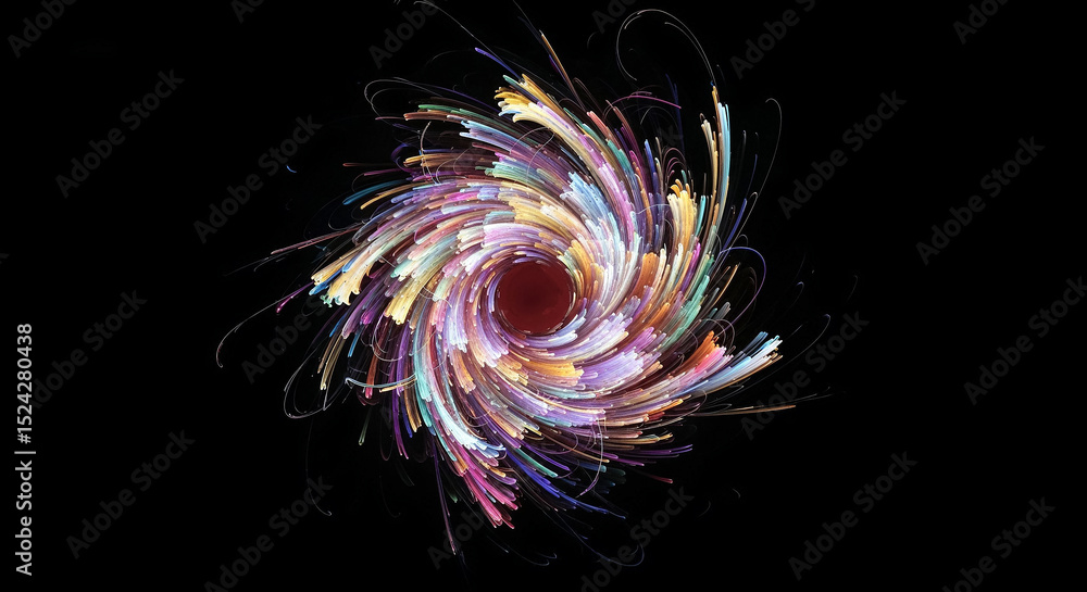 Poster Colorful swirling light trails creating a dynamic vortex on black background