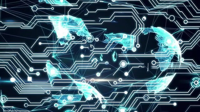 Futuristic Digital Network Design with Geometric Shapes and Data Flowing Across a World Map Background