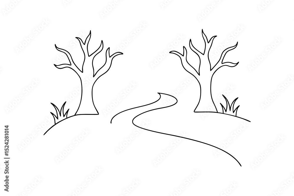 Poster simple line drawing of two bare trees and winding path