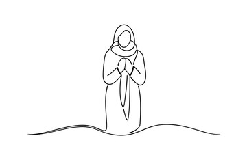 Woman in headscarf and coat line drawing winter cold