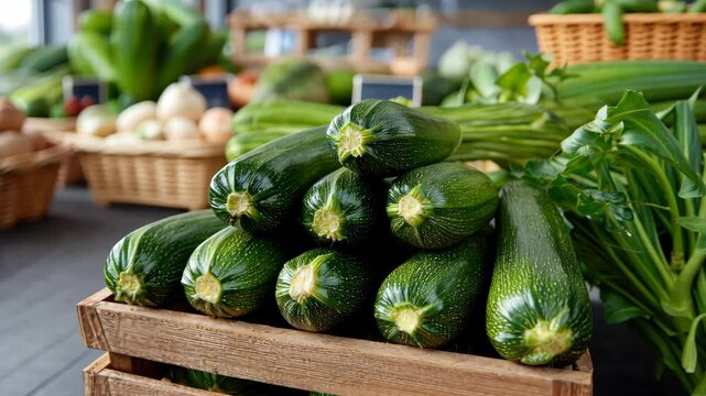 Fresh zucchini stacked in a wooden crate at a busy farmers market capturing the essence of local produce and community engagement