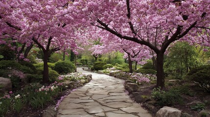Fototapeta premium Serene Garden Path Framed by Blooming Cherry Trees in Spring