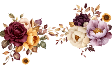 Untitled design - Beautiful watercolor floral corner decoration, with pink and red flowers, white peonies, roses, green leaves, and branches on a transparent background