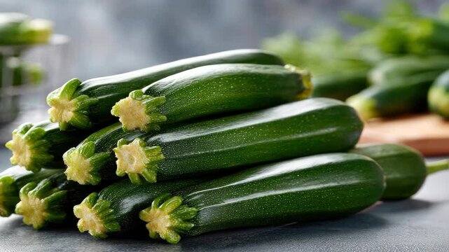 Fresh zucchini stacked on a kitchen countertop ready for cooking or meal preparation