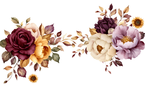 Untitled design - Beautiful watercolor floral corner decoration, with pink and red flowers, white peonies, roses, green leaves, and branches on a transparent background - Powered by Adobe