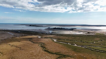 Coastal estuary seen from above, with causeway, boats, and scattered creeks at low tide.