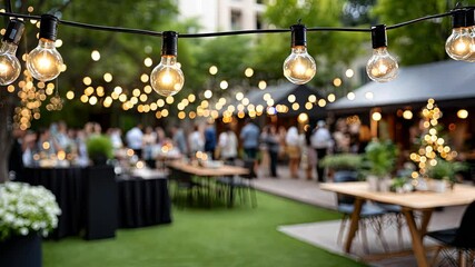 Outdoor gathering with string lights illuminating the atmosphere at a vibrant party in a garden setting