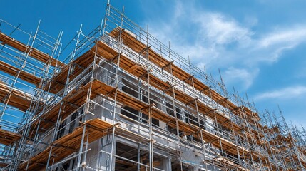 Construction Site for Large Building with Scaffolding Under Blue Sky
