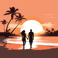 Romantic Couple Silhouette on Beach Scene Vector Illustration for Graphic Design Projects