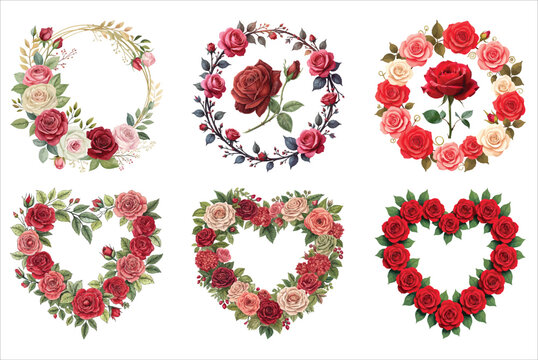 Set of 6 Red Rose Flower Frame Designs &ndash; Floral Vector Borders for Invitations, Cards, and Decor - Set of red roses.