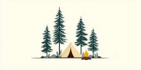Minimalist Camping Flat Design with Trees and Fire