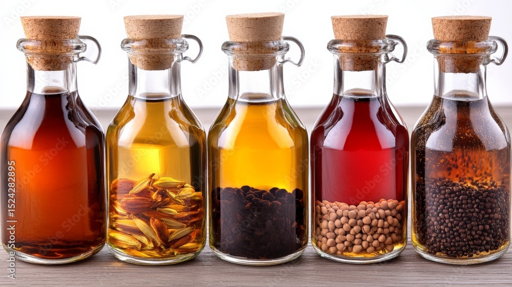 Poster assorted glass bottles filled with colorful spices and herbs arranged in a row